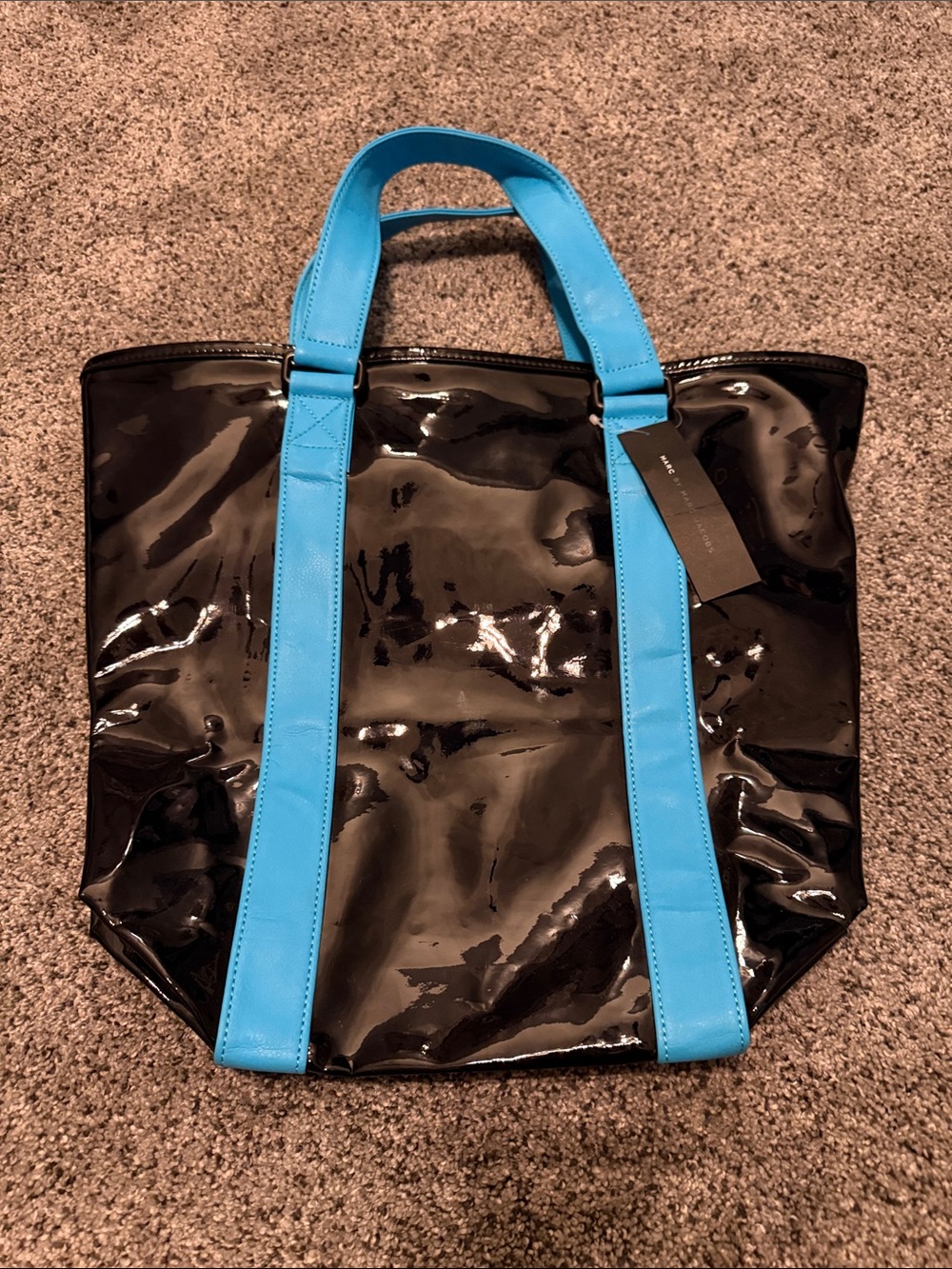 Marc by Marc Jacobs Black Patent Tote with Bright Blue Handles